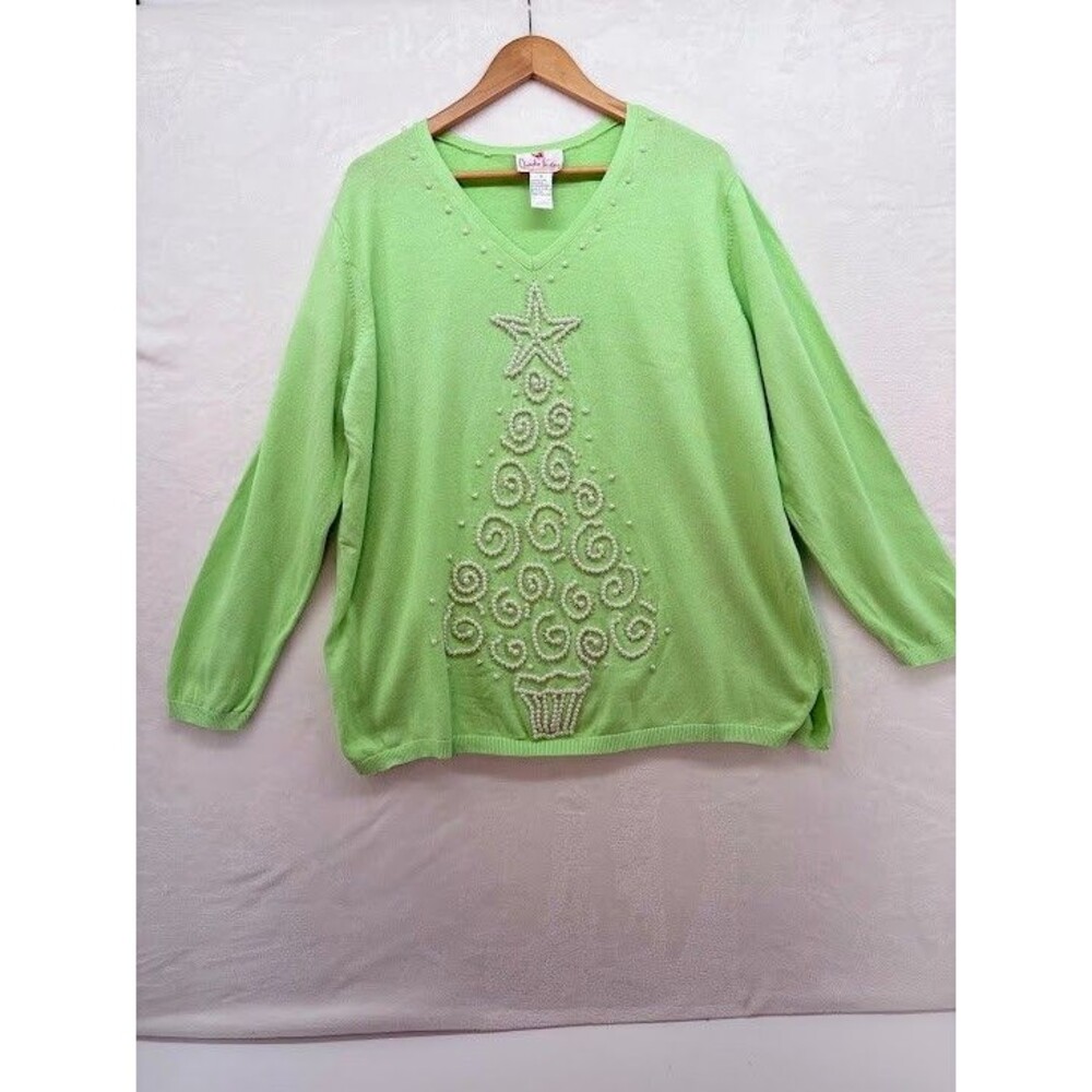 Women's Quaker Factory Size 1x Green Sweater Christmas Tree Pearl Accents V Neck